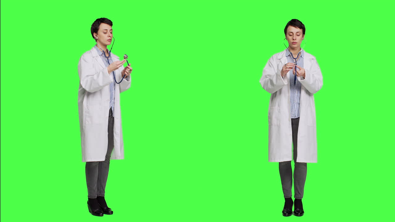 백색 코트를 입은 일반 의사가 스튜디오에서 스테토스코프를 사용합니다.