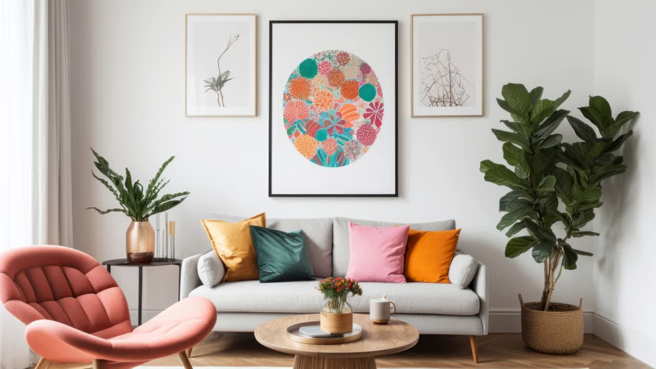 A cozy living room with colorful cushions and plants, captured from a straight-on angle