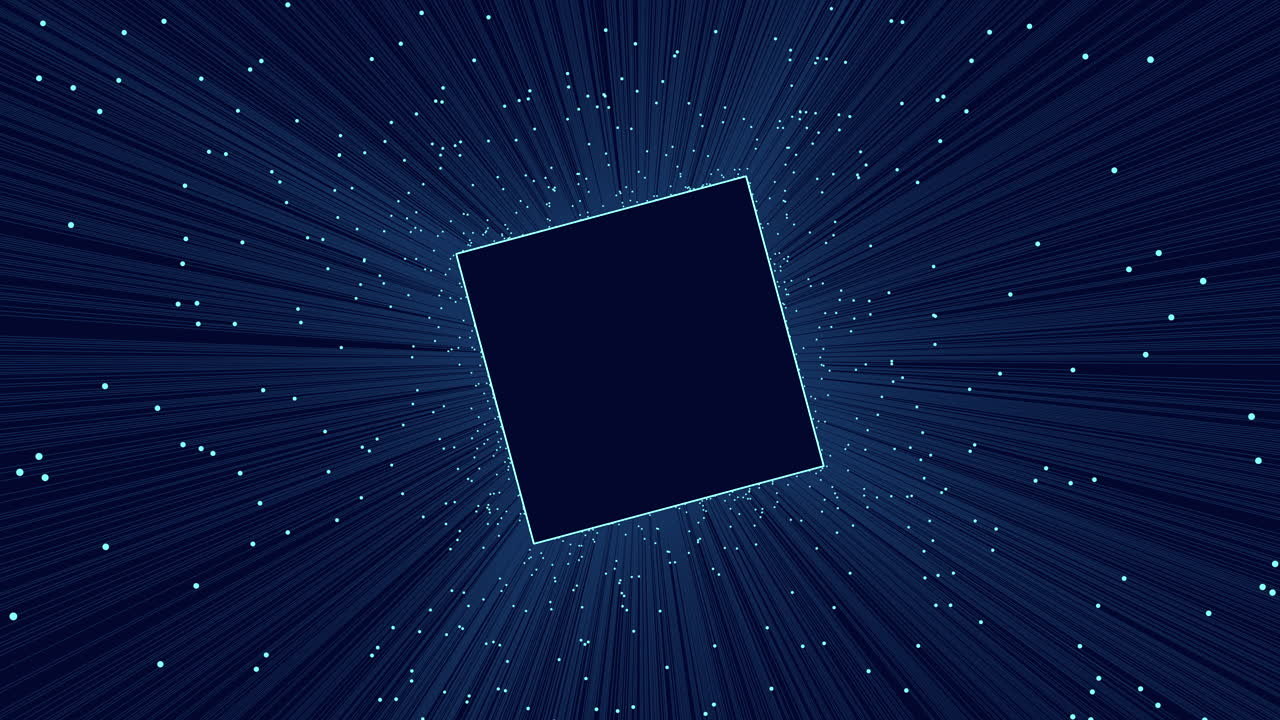 Abstract technology background with a glowing square frame in the center, surrounded by fast particle streaks and digital starfield, ideal for sci-fi, data, and UI design