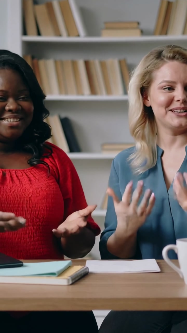 Vertical video: Left woman in red starting chat, other in blue gesturing at office shelves, mug