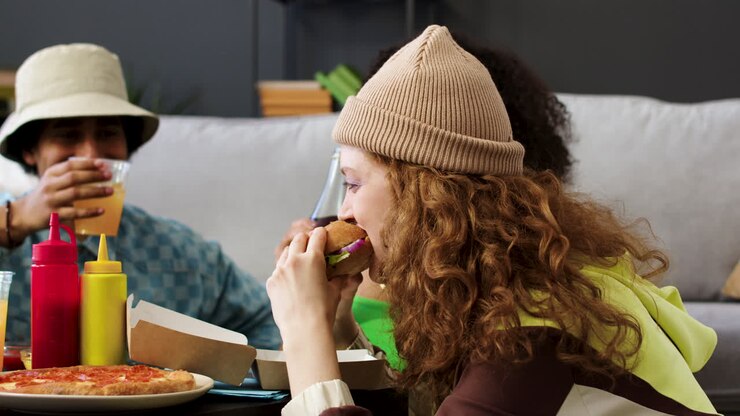 Three friends eating at home