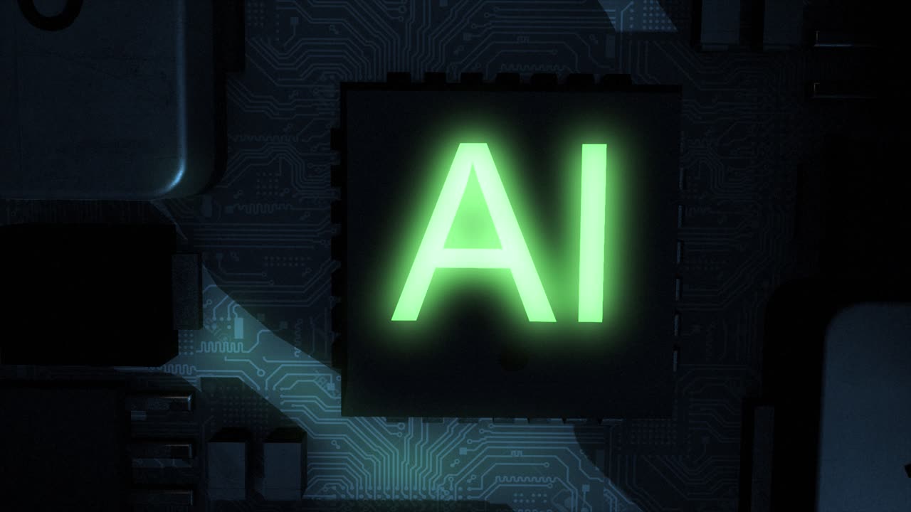 Dark and sinister high quality CGI render of an integrated circuit board featuring green glowing AI text, with a smooth clockwise rotation pushing in slowly on the central AI chip