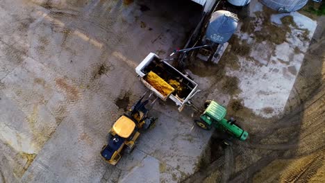 Payloader-Lädt-Futterwagen-Während-Der-Morgendlichen-Hausarbeit-Auf-Einer-Großen-Rinderfarm-Auf-Einer-Farm-In-Iowa