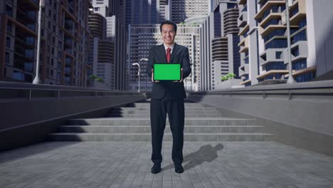full body of asian business man showing tablet green screen in city