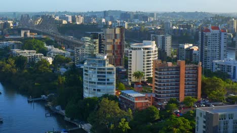 aerial vew of kangaroo point residential buildings, pixley street with story bridge in the background, brisbane city, australia