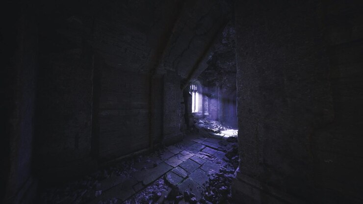 Passaggio sotterraneo in ombra con polvere e illuminazione tremolante