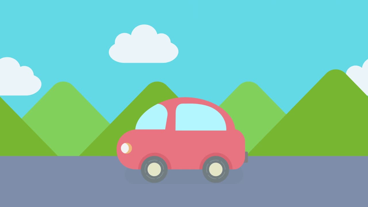 animación de un coche lindo corriendo por las montañas