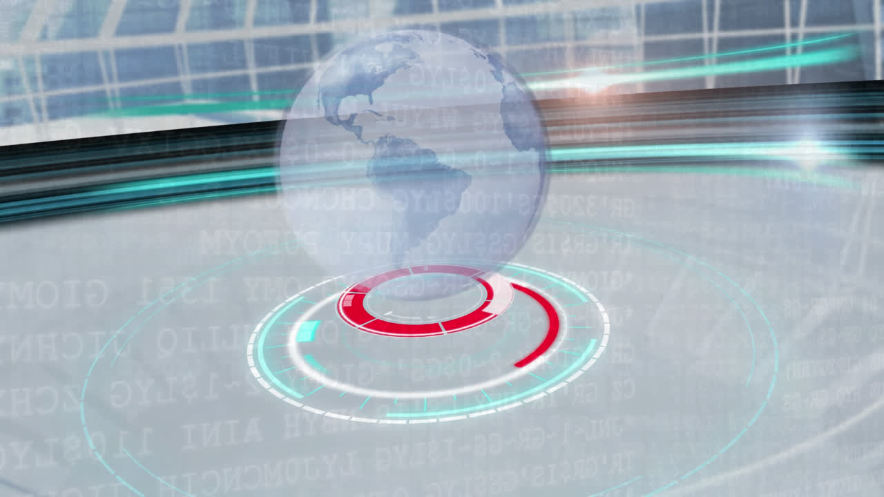 Animation of a globe appearing and spinning above white and red circles over a grid