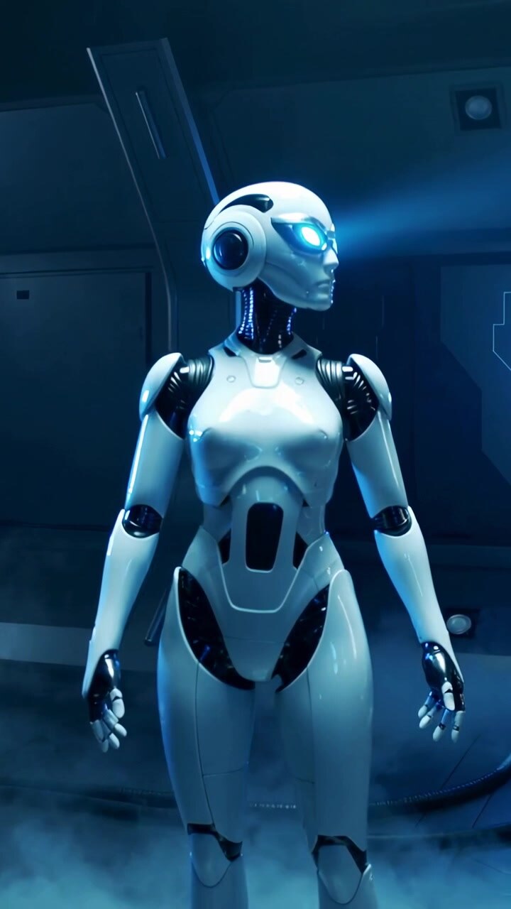 Video verticale: Attivazione dell'occhio di un robot femminile, il cui bagliore si intensifica, proiettando un raggio nel laboratorio e scansionando l'HUD.