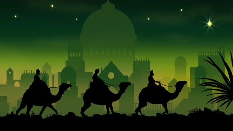 animation of silhouette of three wise men over city on green background