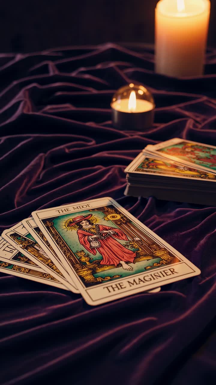 Moody video scene of tarot cards on velvet, lit by candlelight. Shot from a low angle