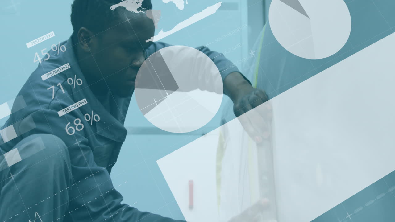 Animation of data processing over african american male car mechanic repairing car bodywork