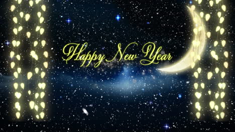 animation of snow falling over happy new year text banner and hanging fairy lights in night sky