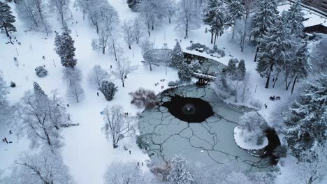 Leute,-Die-Die-Schneefahrt-Im-Wright-Park-Im-Winter-In-Tacoma,-Washington,-Usa-Genießen---Rotierender-Schuss-Der-Drohne