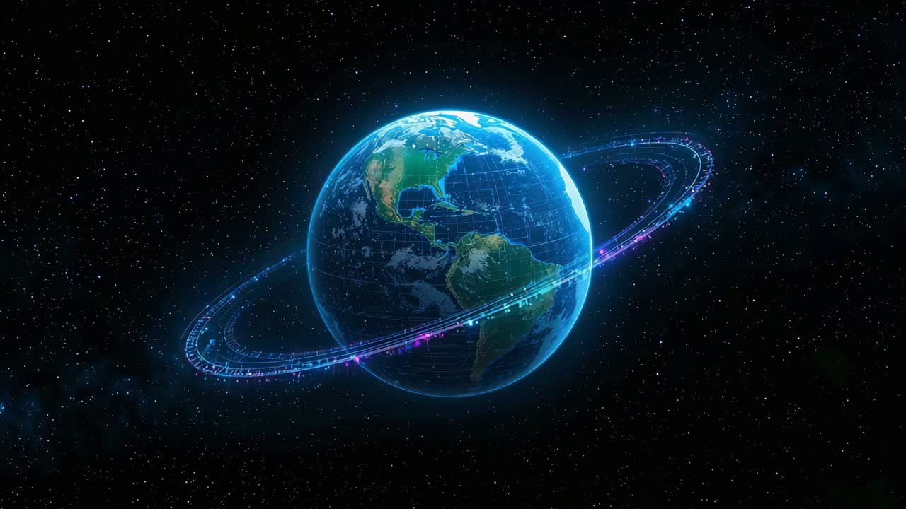 Avvio della riproduzione, il pianeta Terra animato ruota nello spazio, anello al neon in orbita, che mostra il flusso di dati