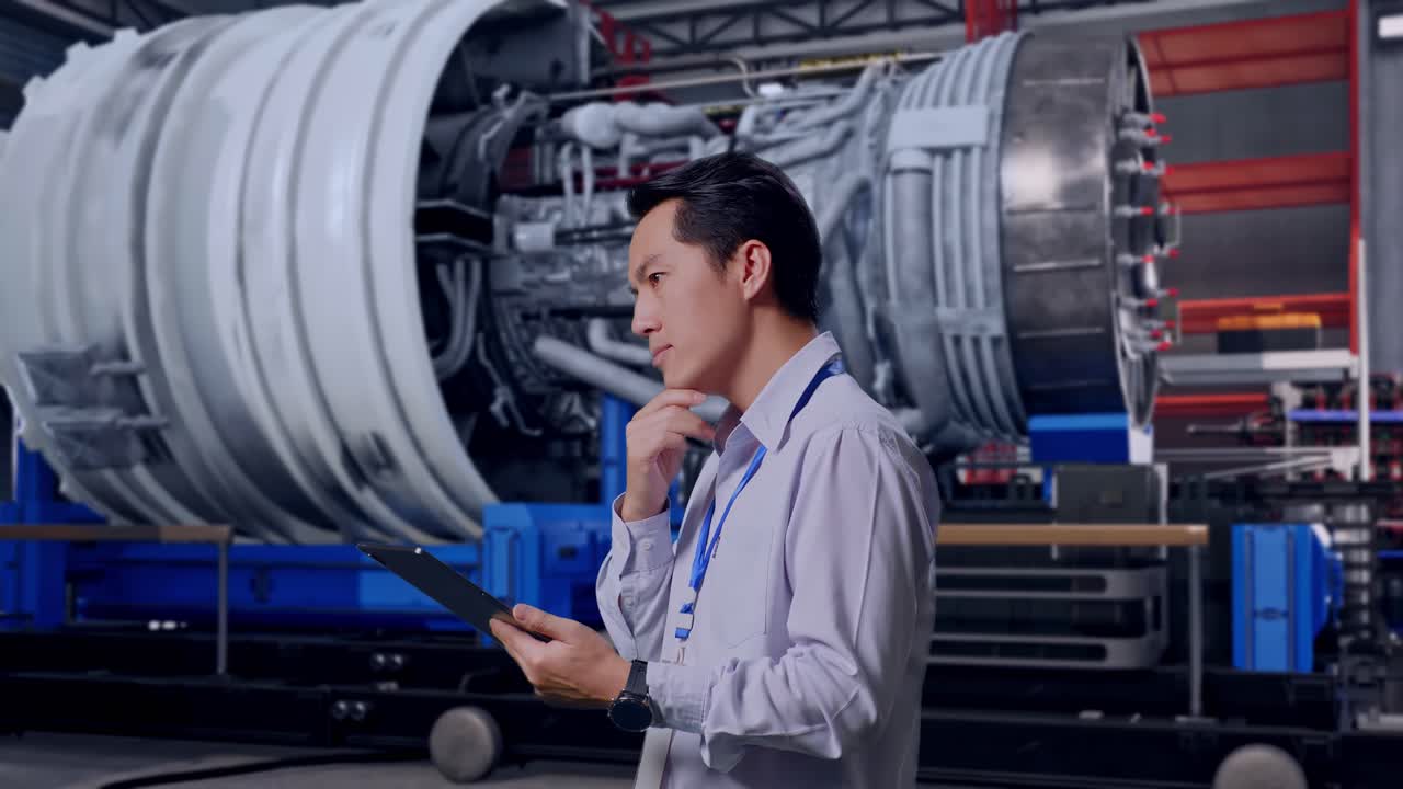 Engineer Inspecting Jet Engine with Tablet
