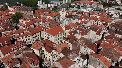 drone aerial close-up of kotor old town rooftops with its historic architecture, kotor, montenegro.