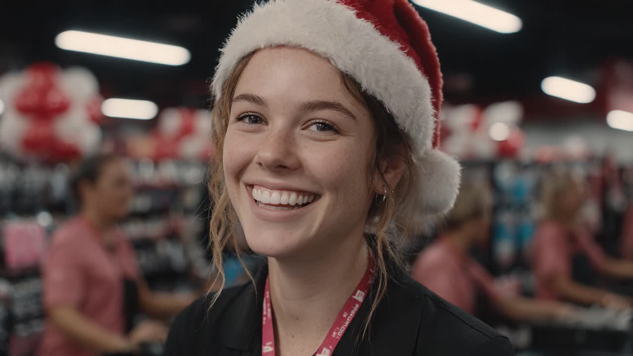A Joyful Holiday Spirit: A Smiling Employee in a Santa Hat Spreading Cheer in a Busy Retail Environment During the Festive Season