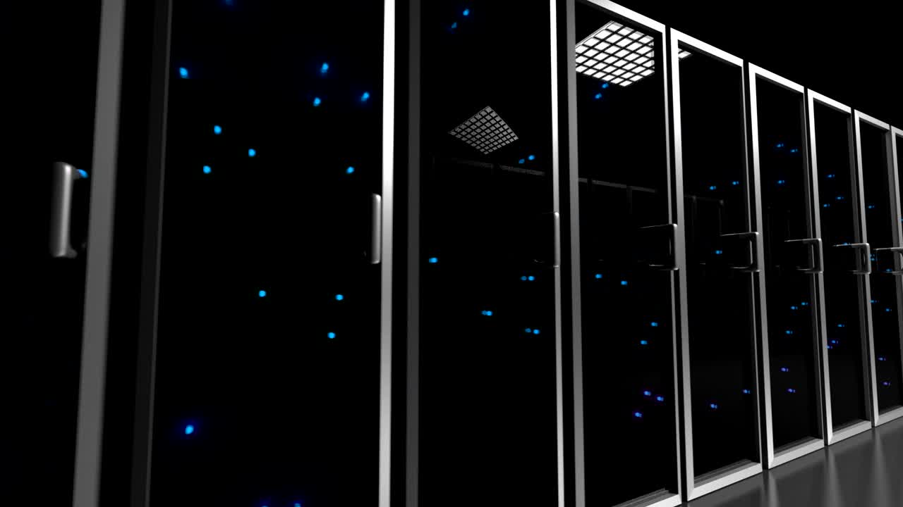 Data center servers glass fronted flashing lights tracking shot centre 4K