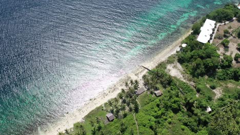 vista aérea de pájaro sobre la costa de una playa tropical con palmeras y un hermoso arrecife de coral, toma amplia, concepto de viaje