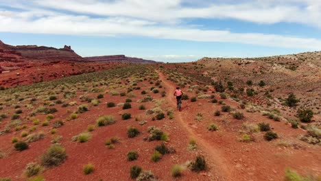 toma aérea siguiendo detrás de una mujer en bicicleta de montaña a lo largo del sendero del desierto de moab
