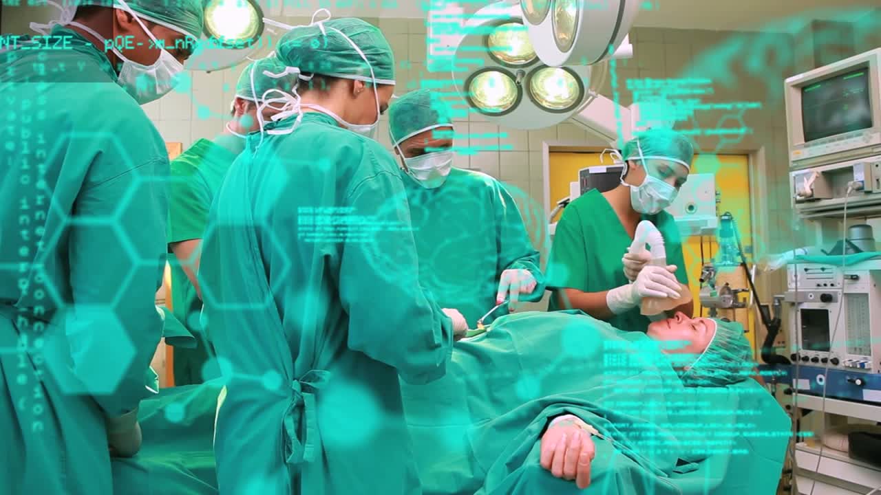 Animacja ludzkich mózgów i przetwarzania danych nad różnorodnymi chirurgami na sali operacyjnej