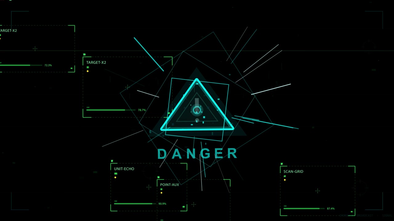 Faint cyan triangle appearing left starting HUD scan glowing beaming spawning panels showing DANGER