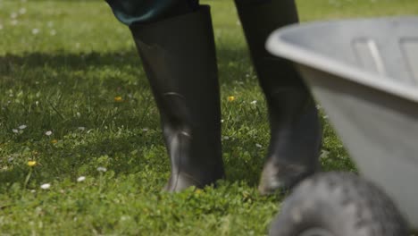 gardener in black rubber boots walking in the lawn