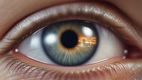 close-up of a human eye reflecting a night cityscape