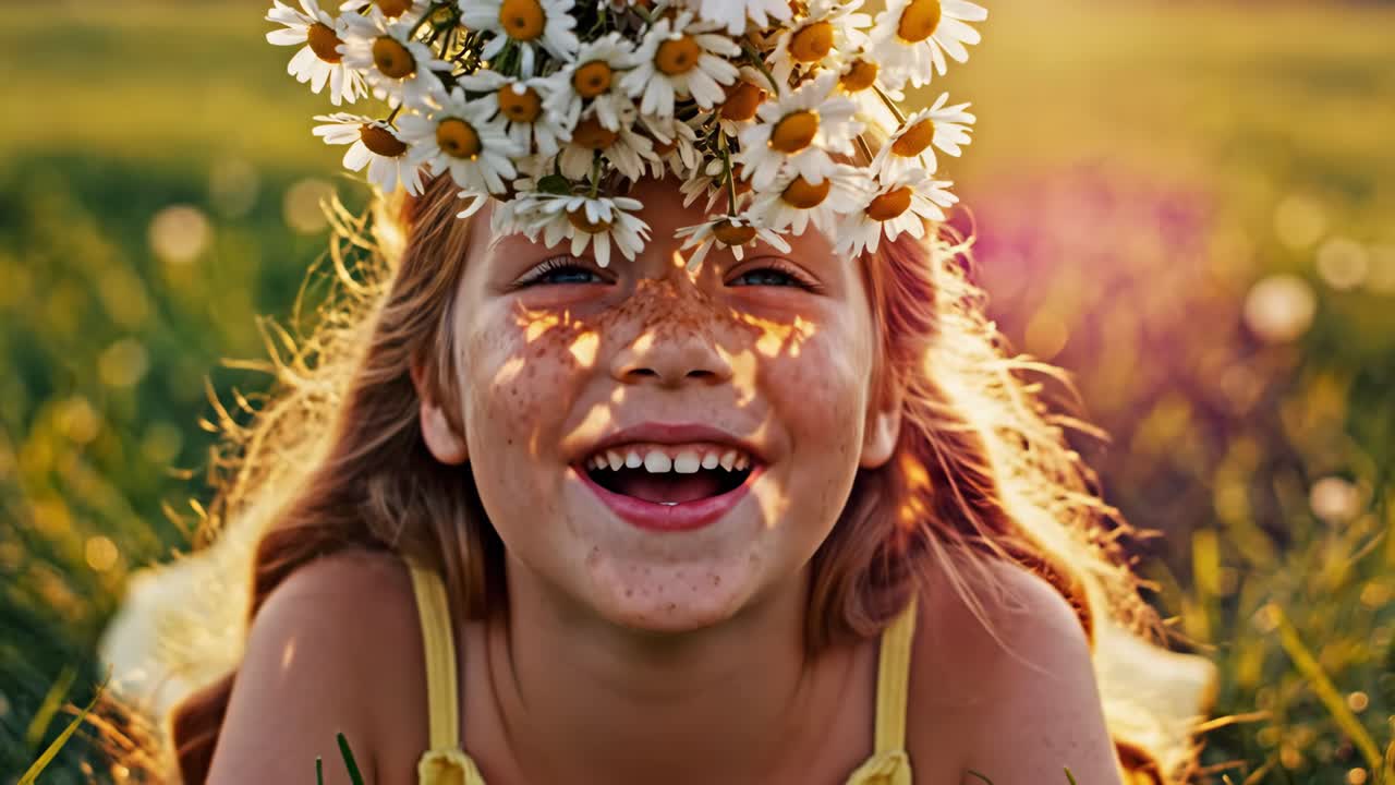 Happy girl with daisy flower crown in summer field