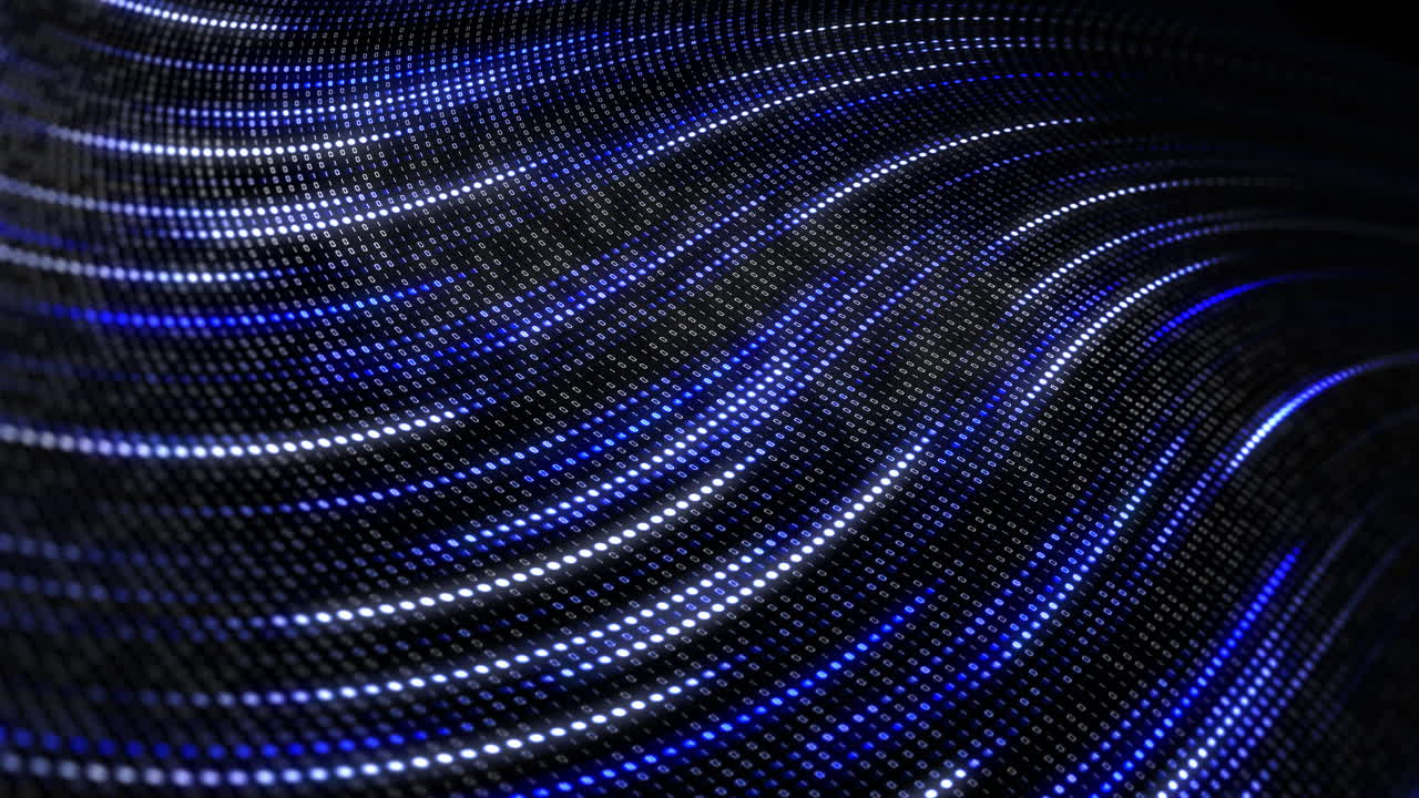 Digital glowing lines wave of pixels. Blue abstract technology background with dots and binary code. Looped animation.