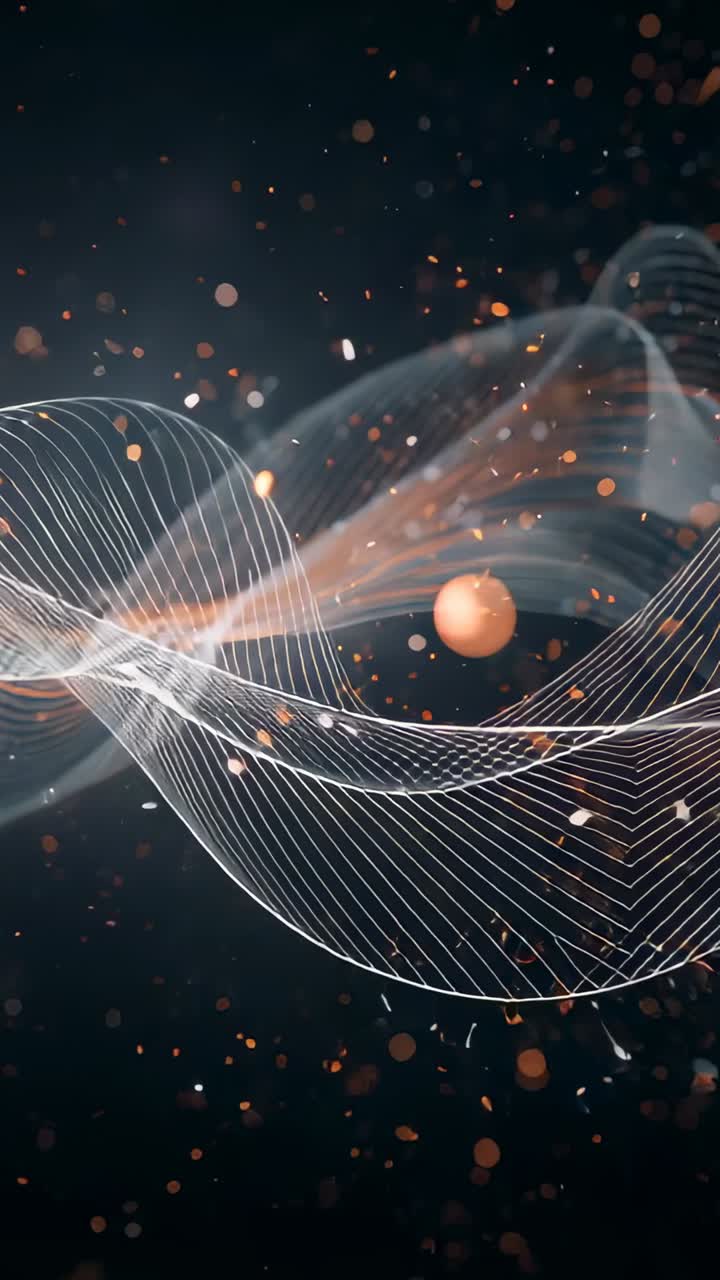 Vertical video: Animating ribbon with grid moving in dark void, orange sphere circling flecks