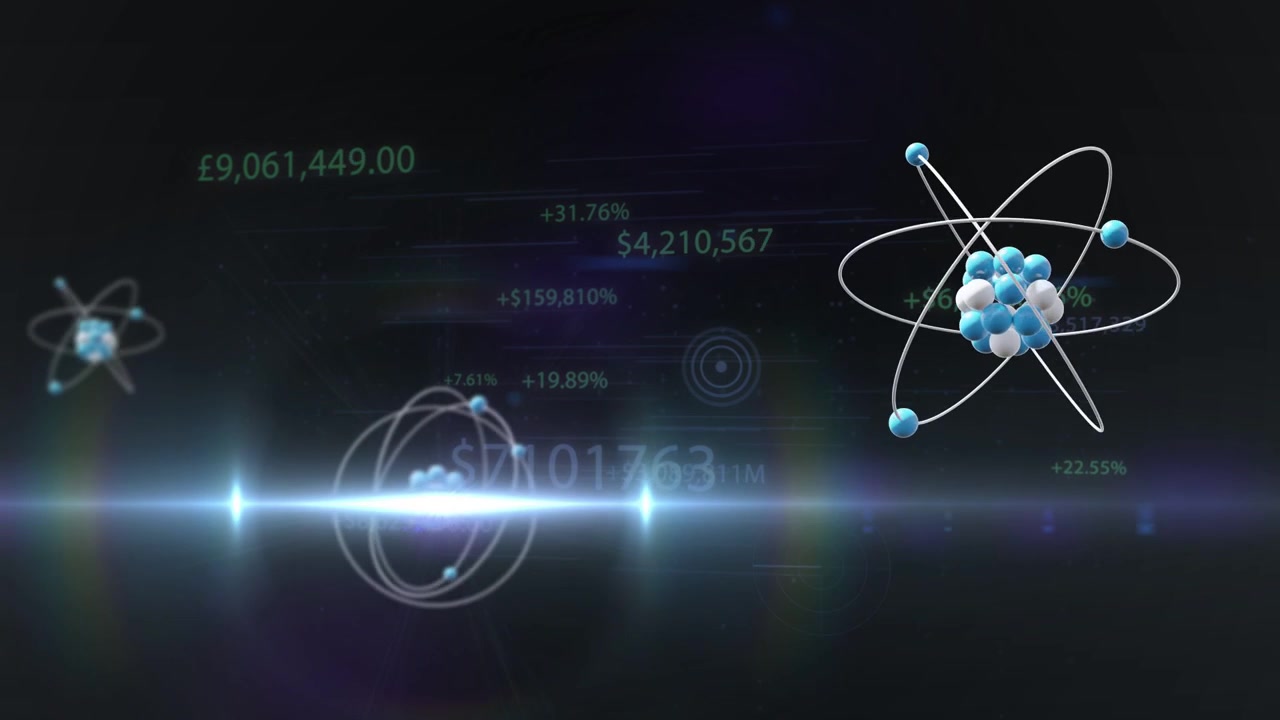 Stylized atom emerging lower-center rotating while others drifting and showing live market data