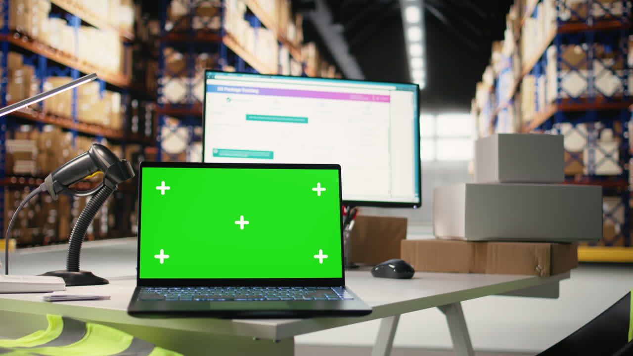 Empty industrial warehouse depot shows screen with copy space mockup