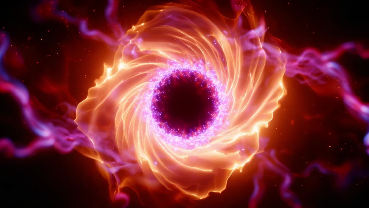 An ethereal cosmic swirl radiating vibrant hues of orange, purple, and pink encapsulates a mesmerizing black hole, depicting the intricate beauty of space phenomena while blending energy and light in an artistic display
