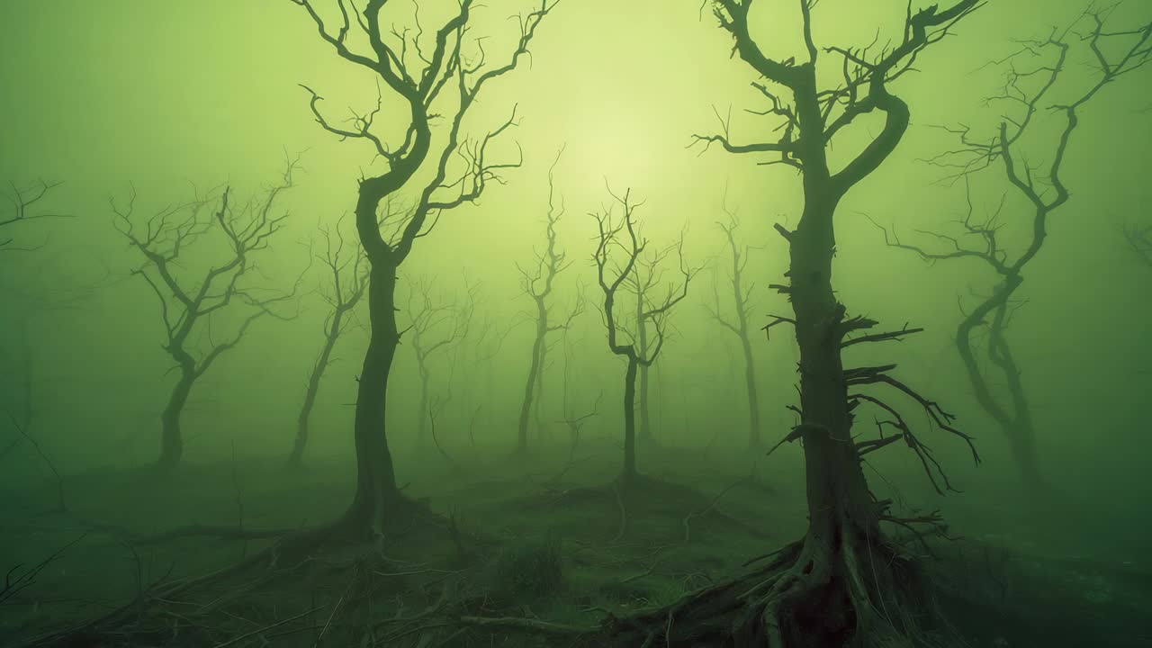 Camera in movimento che avanza verso alberi spogli e senza foglie in un bosco verde e nebbioso, rivelando le radici scoperte