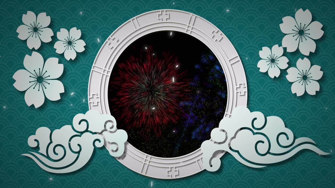 Animación de decoraciones chinas y fuegos artificiales sobre fondo verde