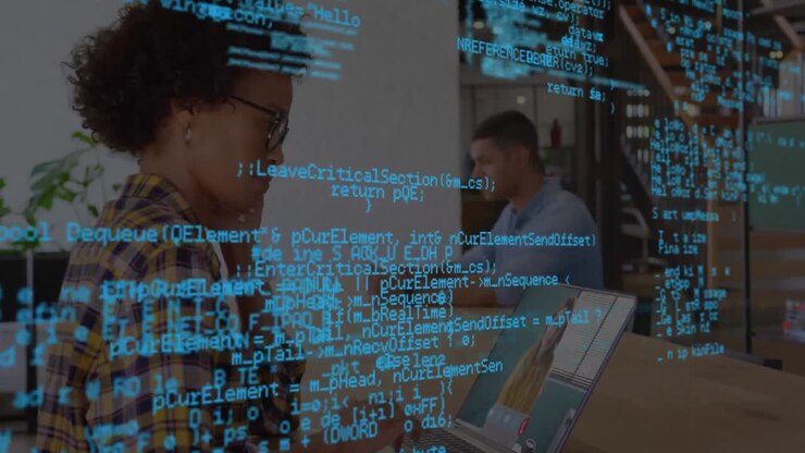 Data processing over business people using laptop