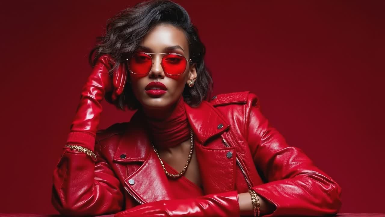 A woman in a red leather jacket and red sunglasses