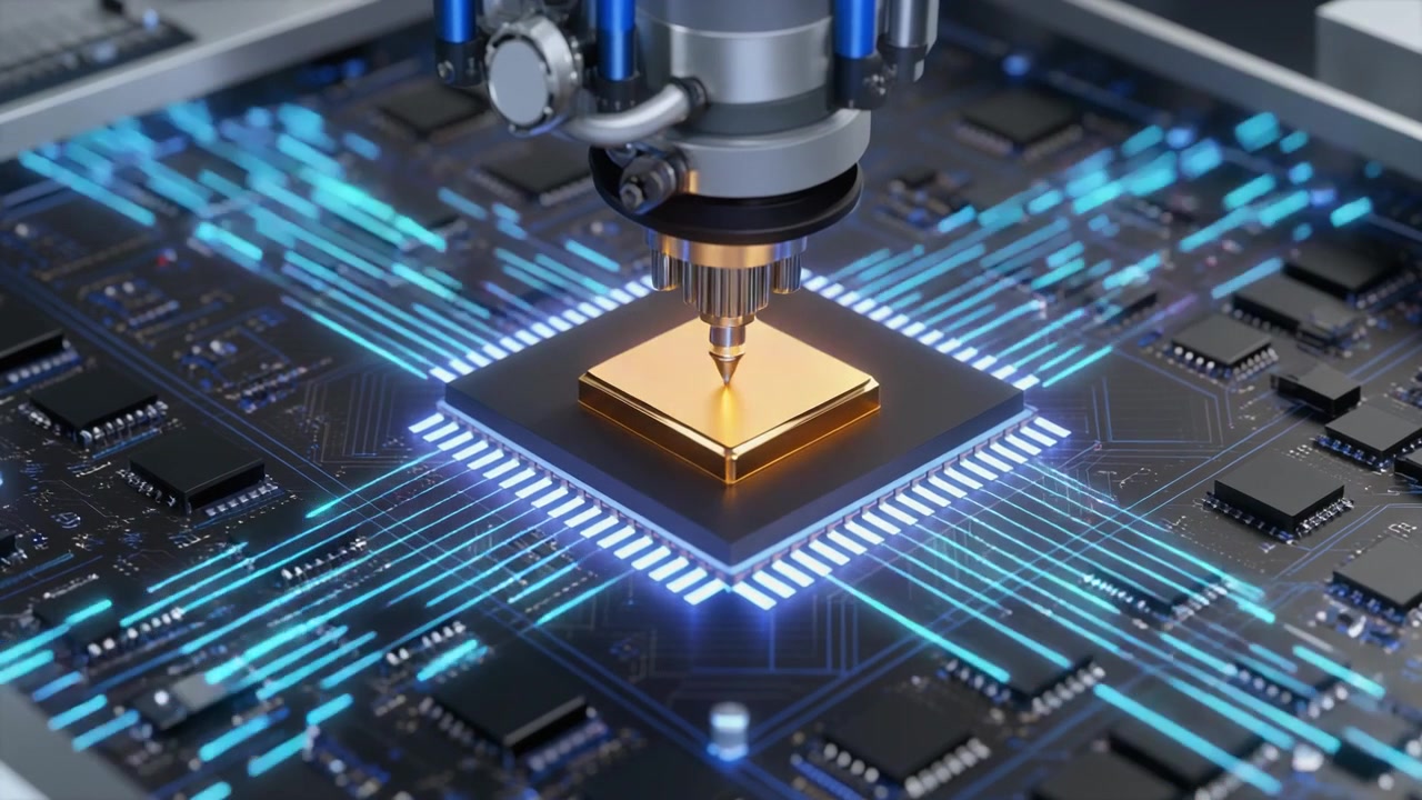 Braccio robotico automatizzato che posiziona un microchip d'oro su un circuito stampato.