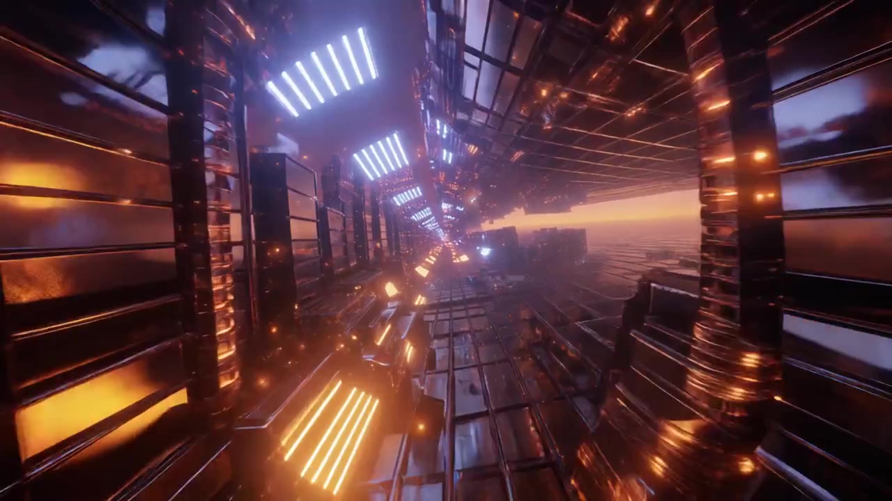 Futuristic Abstract Tunnel Flight Through Glowing Neon Structures