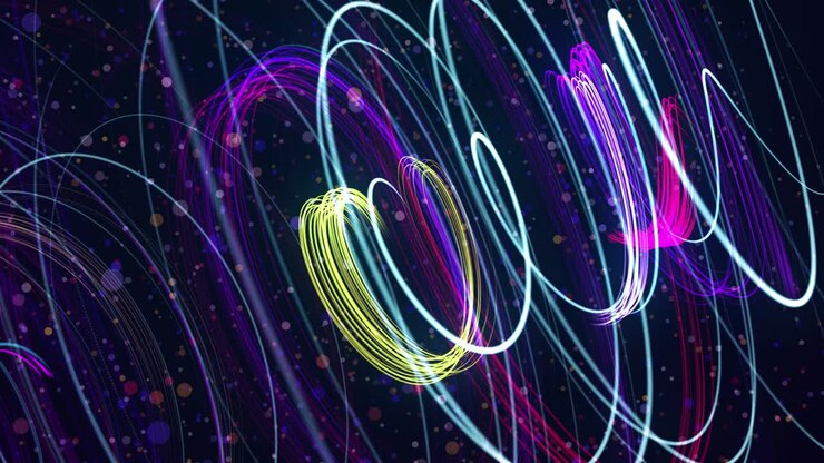 Flow of lines twisted and form round structure. Light streaks or multicolor light trails. 3d abstract bg with glow curves form round structure. Motion design multicolor bg. Luma matte as alpha channel