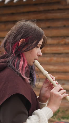 teenage girl in medieval clothes plays folk flute. female with pink strand of hair plays musical instrument standing near log cabin wooden wall on summer day