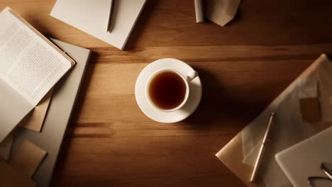 overhead view of desk with coffee cup, book, and notebooks