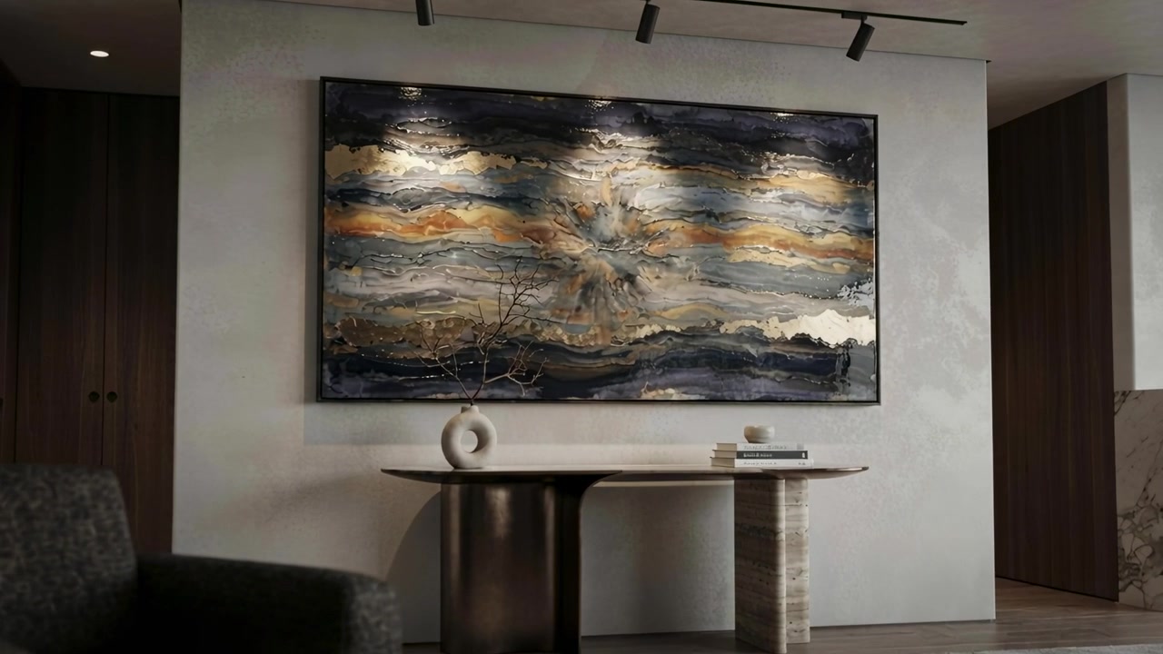Telecamera in panning che centra arte astratta e una console a casa, concentrandosi su opere d'arte, vaso, libri, sfera