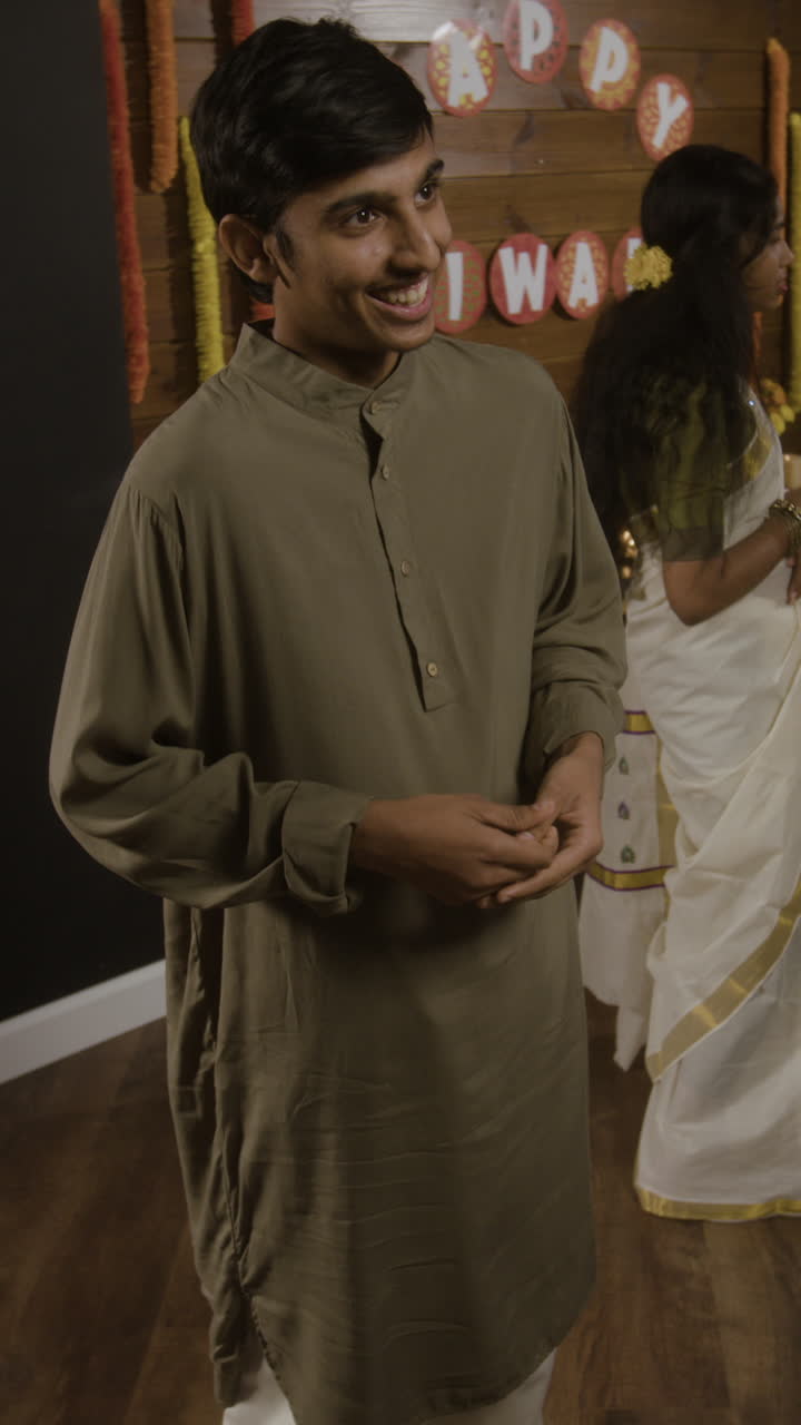 Images of people celebrating Diwali in traditional Indian clothing