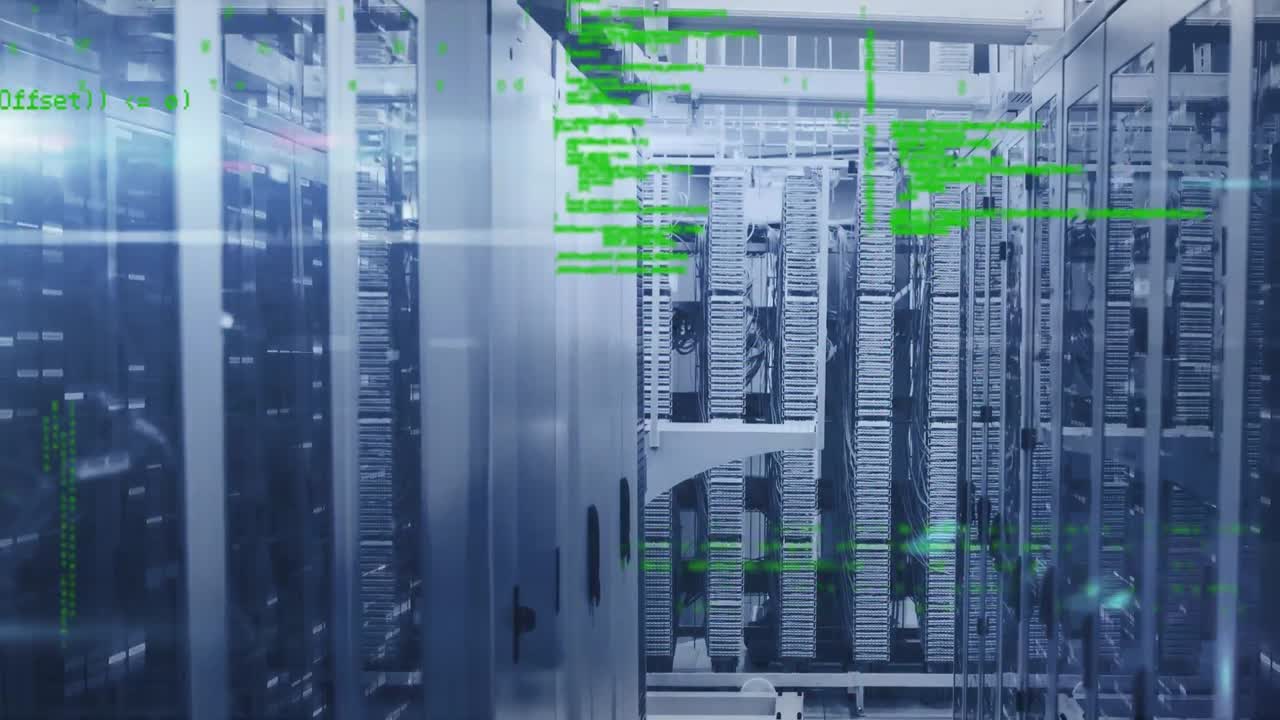 Animation of data processing and lights over servers