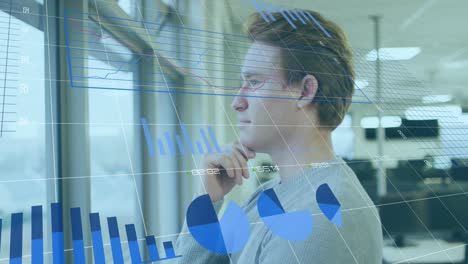 Animation-of-financial-graphs-over-thoughtful-caucasian-man-looking-outside-window-in-office