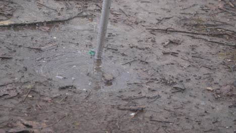 rain water dripping into dirt puddle ground stake slow motion