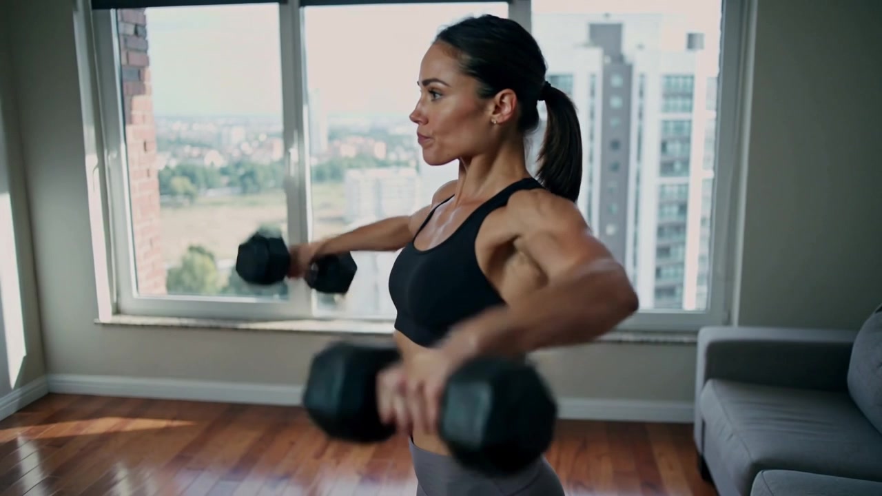 Starting next rep, woman in black sportswear lifting hex dumbbells in living room, toning shoulders